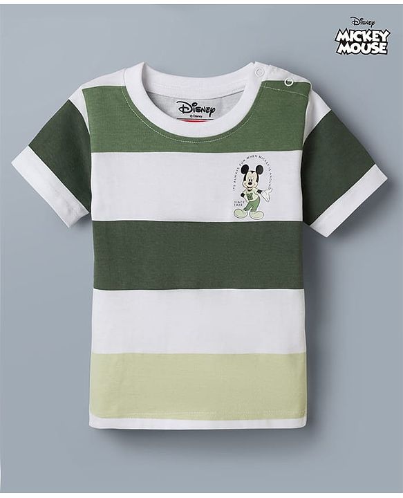 Babyhug Disney Single Jersey Knit Half Sleeves Striped T-Shirt With Mickey Mouse Graphic - Green