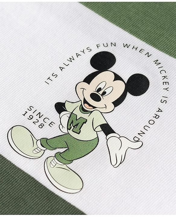 Babyhug Disney Single Jersey Knit Half Sleeves Striped T-Shirt With Mickey Mouse Graphic - Green