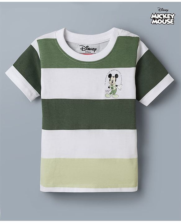 Babyhug Disney Single Jersey Knit Half Sleeves Striped T-Shirt With Mickey Mouse Graphic - Green