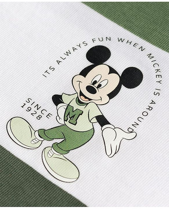 Babyhug Disney Single Jersey Knit Half Sleeves Striped T-Shirt With Mickey Mouse Graphic - Green