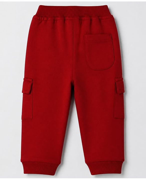 Babyhug Cotton Terry Knit Full Length Solid Lounge Pant with Cargo Pockets & Best Team Text with Football Patch - Red
