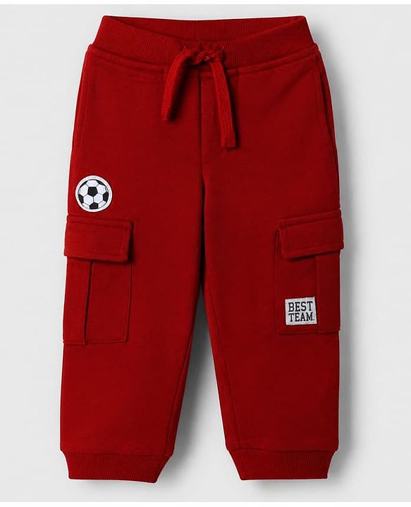 Babyhug Cotton Terry Knit Full Length Solid Lounge Pant with Cargo Pockets & Best Team Text with Football Patch - Red