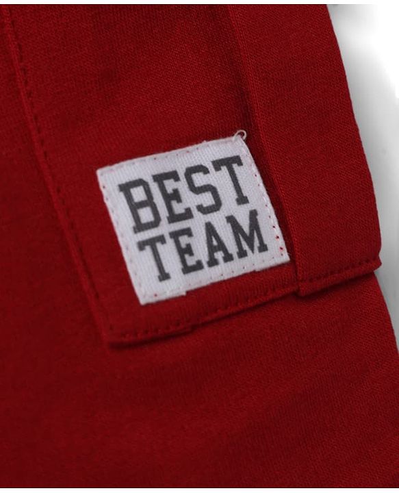 Babyhug Cotton Terry Knit Full Length Solid Lounge Pant with Cargo Pockets & Best Team Text with Football Patch - Red