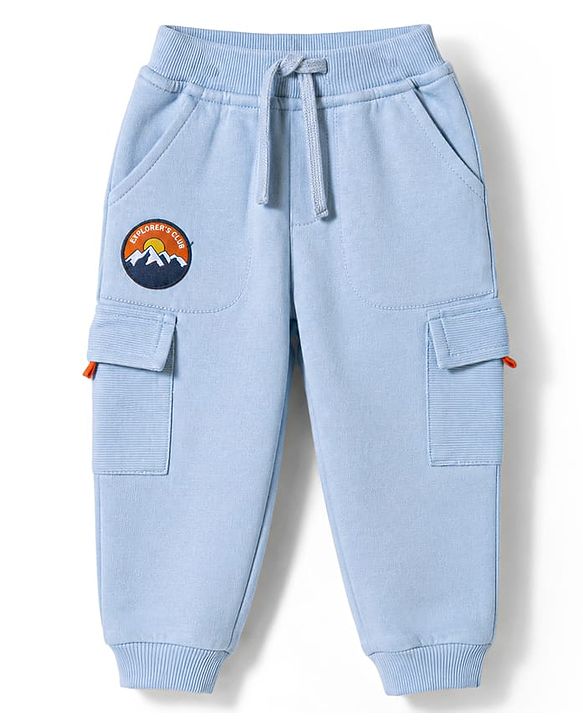 Babyhug 100% Cotton Terry Knit Full Length Lounge Pants With Patch & Cargo Pockets - Blue