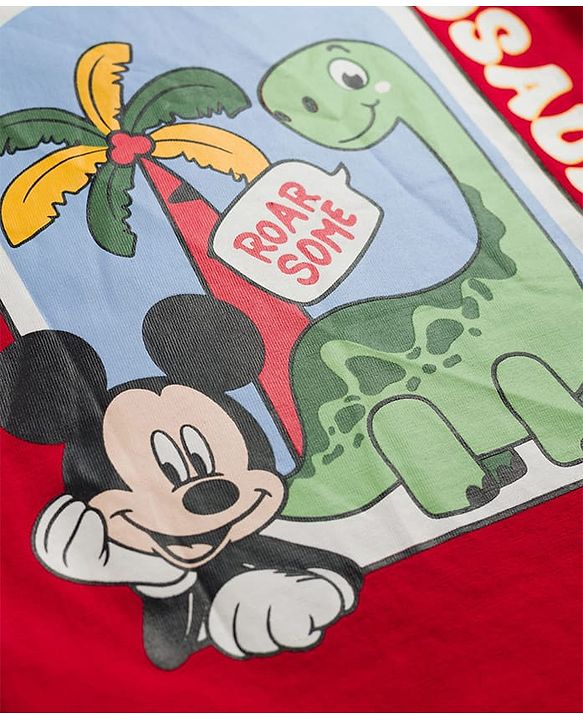 Babyhug Disney Cotton Knit T-Shirt with Mickey Mouse Graphic Half Sleeves Round Neck Dark Dark Red 3-6 Months