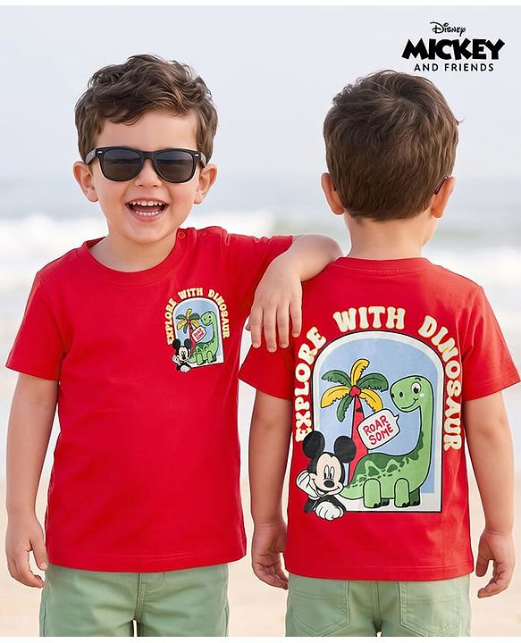 Babyhug Disney Cotton Knit T-Shirt with Mickey Mouse Graphic Half Sleeves Round Neck Dark Dark Red 3-6 Months