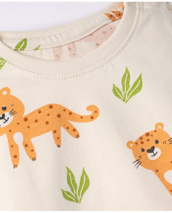 Babyhug Cotton Knit Full Sleeves T-Shirt & Pyjama Night Suit with Cub Print -  Off White