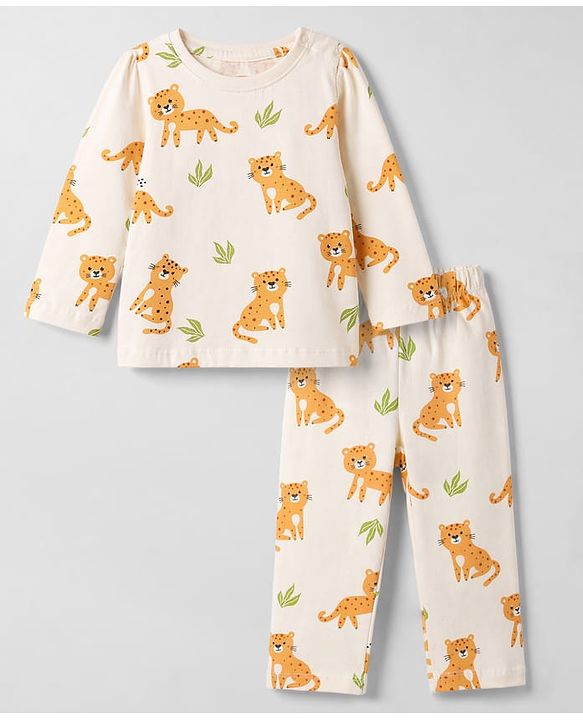 Babyhug Cotton Knit Full Sleeves T-Shirt & Pyjama Night Suit with Cub Print -  Off White