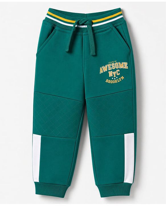 Babyhug Cotton Terry Knit Full Length Lounge Pant with Awesome Nyc Text Print - Green
