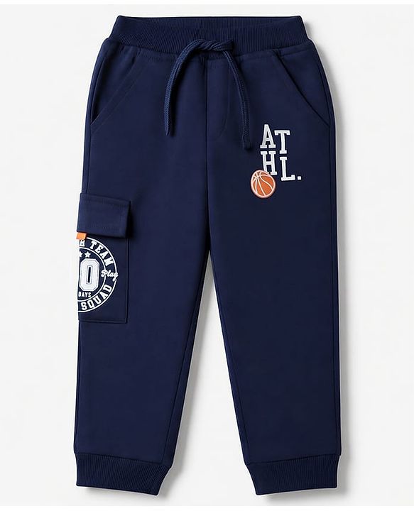 Babyhug Cotton Terry Knit Jogger Fit Lounge Pants With Text Print in Blue