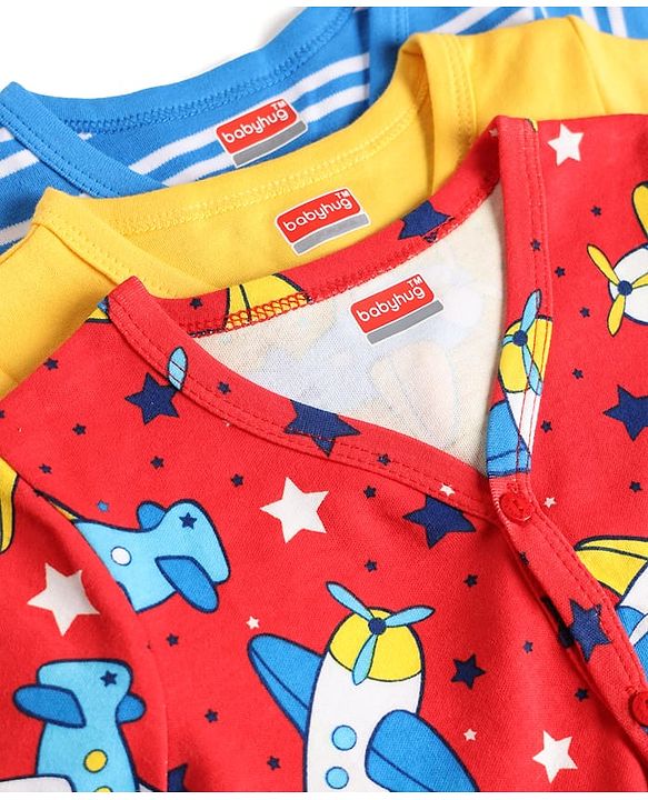 Babyhug 100% Cotton Knit Half Sleeves Jhablas with Airplane Print Pack of 3 - Multicolot