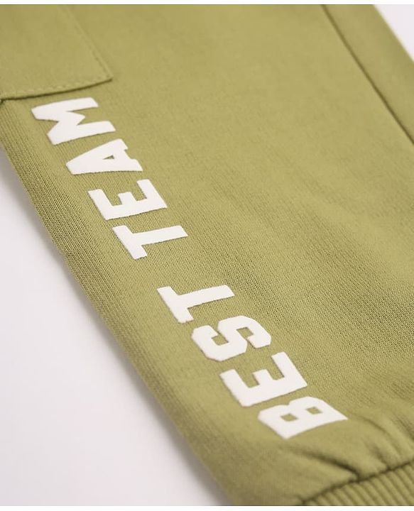 Babyhug Cotton Terry Knit Full Length Track Pants With Best Team Text Print - Olive Green