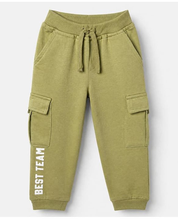 Babyhug Cotton Terry Knit Full Length Track Pants With Best Team Text Print - Olive Green