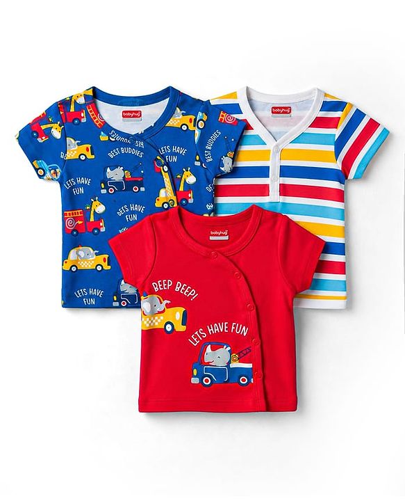 Babyhug 100% Cotton Knit Half Sleeves Striped & Animal & Vehicles Printed Jhablas Pack Of 3 - Multicolor