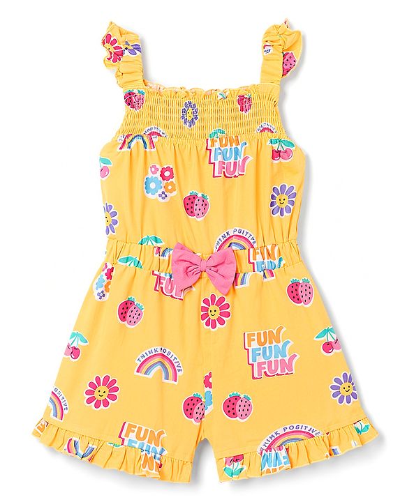 Babyhug 100% Cotton Single Jersey Knit Sleeveless Strawberry & Floral Printed Jumpsuit With Bow Applique - Yellow