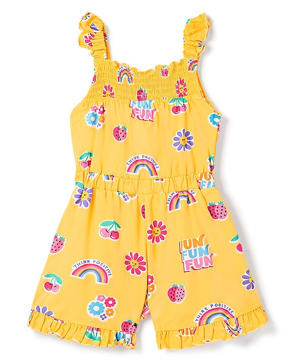 Babyhug 100% Cotton Single Jersey Knit Sleeveless Strawberry & Floral Printed Jumpsuit With Bow Applique - Yellow