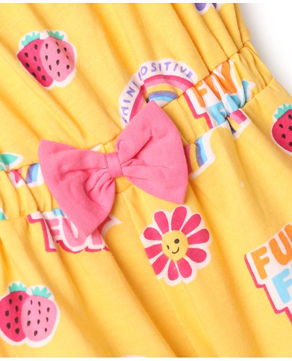 Babyhug 100% Cotton Single Jersey Knit Sleeveless Strawberry & Floral Printed Jumpsuit With Bow Applique - Yellow