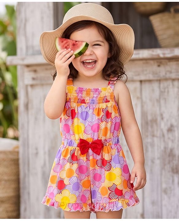 Babyhug Single Jersey Knit Sleeveless Floral Printed Jumpsuit With Bow Applique - Multicolor