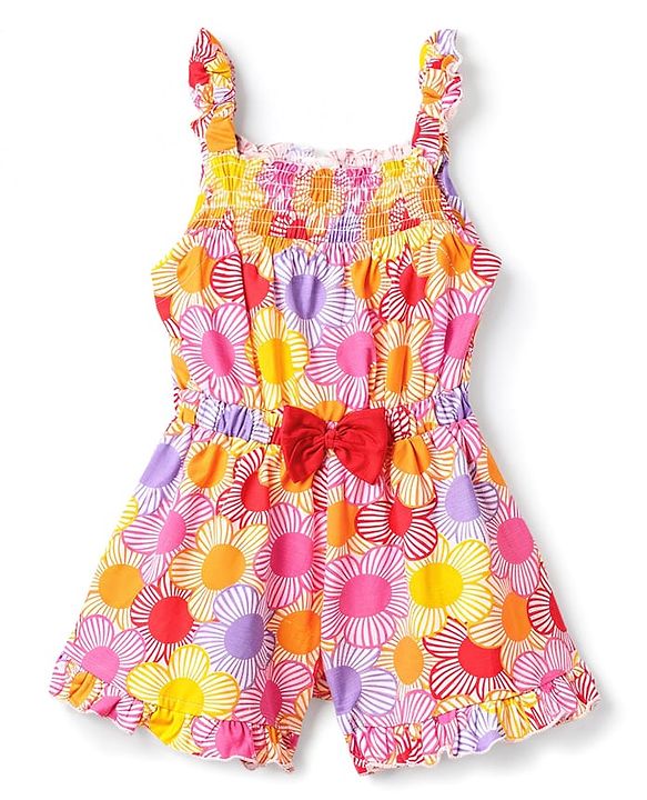 Babyhug Single Jersey Knit Sleeveless Floral Printed Jumpsuit With Bow Applique - Multicolor
