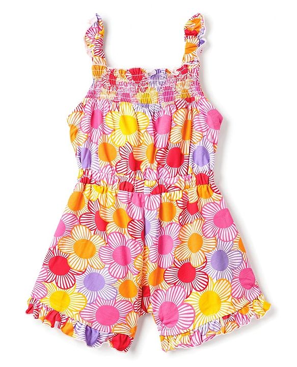 Babyhug Single Jersey Knit Sleeveless Floral Printed Jumpsuit With Bow Applique - Multicolor
