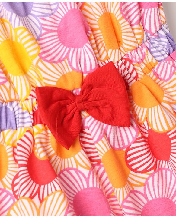 Babyhug Single Jersey Knit Sleeveless Floral Printed Jumpsuit With Bow Applique - Multicolor
