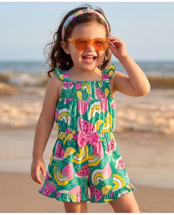 Babyhug Single Jersey Knit Sleeveless Jumpsuit With Fruit Print - Multicolor