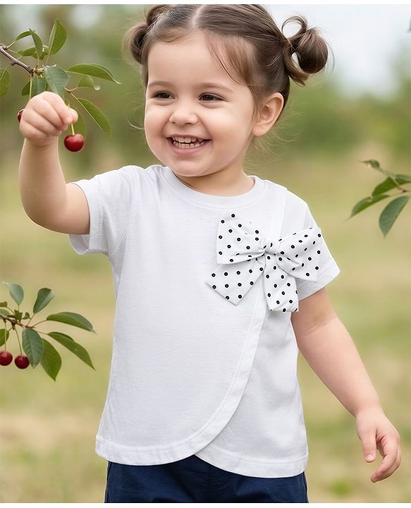 Babyhug Cotton Knit T-Shirt with Polka Dot Bow Embellishment Multi Color 9-12 Months