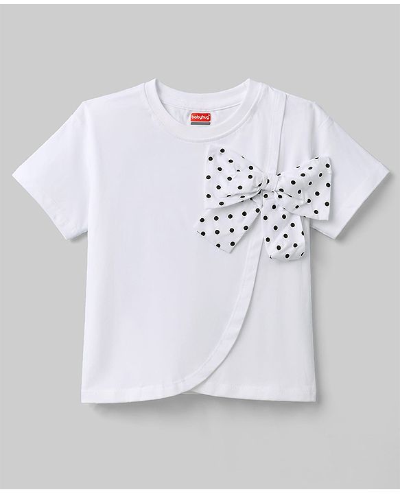 Babyhug Cotton Knit T-Shirt with Polka Dot Bow Embellishment Multi Color 9-12 Months