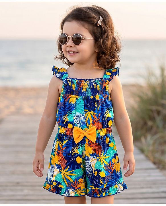 Babyhug Single Jersey Knit Sleeveless Tropical Theme Printed Jumpsuit - Multicolor