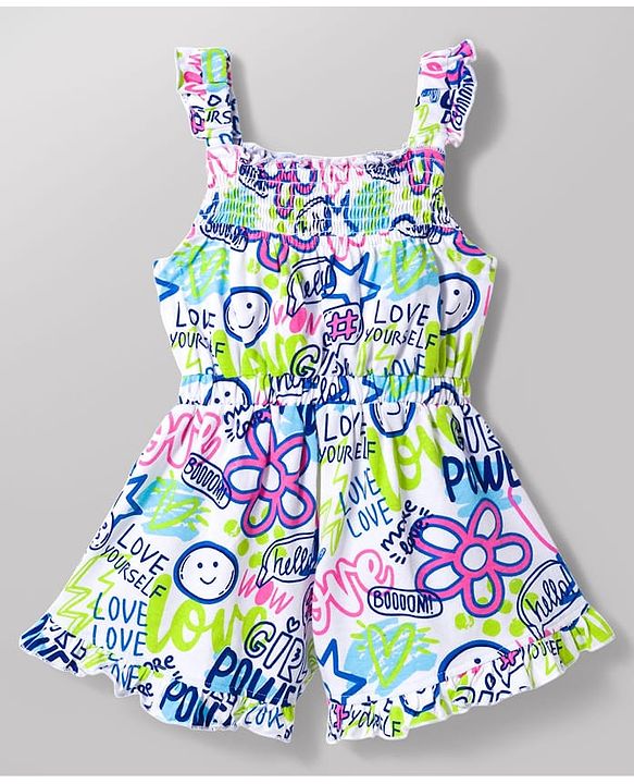Babyhug Single Jersey Knit Sleeveless Jumpsuit With Text Print - Multicolor