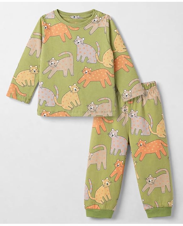 Babyhug Cotton Knit Full Sleeves Co-Ords Pyjama Night Suit with Cat Print -  Green