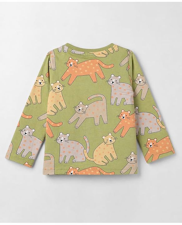 Babyhug Cotton Knit Full Sleeves Co-Ords Pyjama Night Suit with Cat Print -  Green