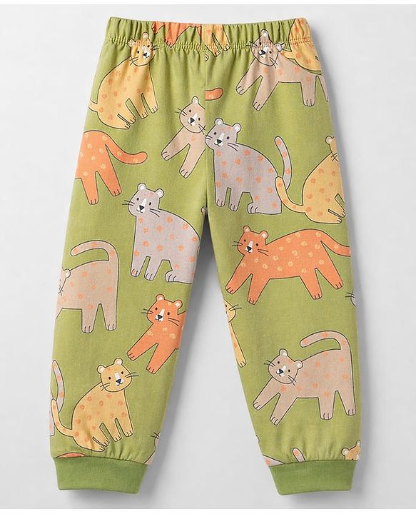 Babyhug Cotton Knit Full Sleeves Co-Ords Pyjama Night Suit with Cat Print -  Green