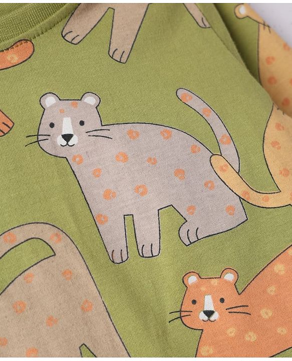 Babyhug Cotton Knit Full Sleeves Co-Ords Pyjama Night Suit with Cat Print -  Green