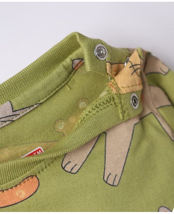 Babyhug Cotton Knit Full Sleeves Co-Ords Pyjama Night Suit with Cat Print -  Green