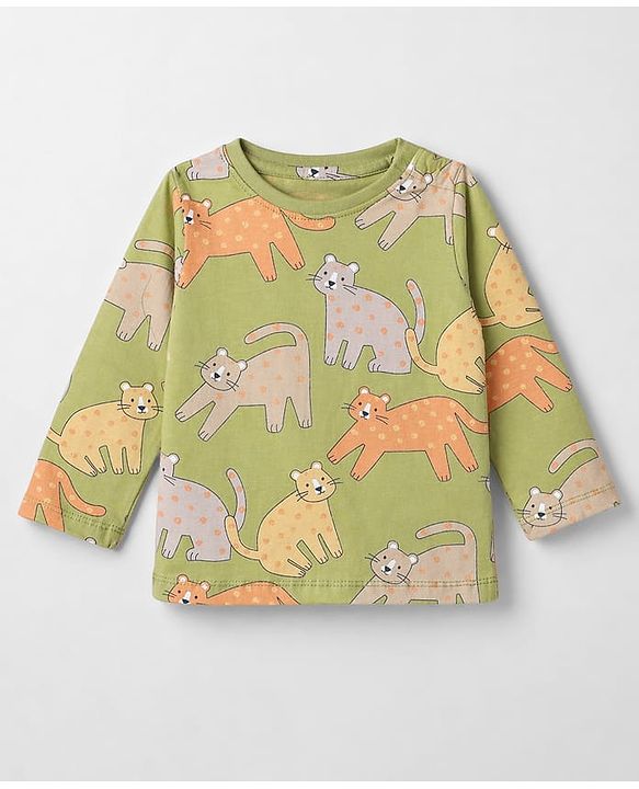 Babyhug Cotton Knit Full Sleeves Co-Ords Pyjama Night Suit with Cat Print -  Green