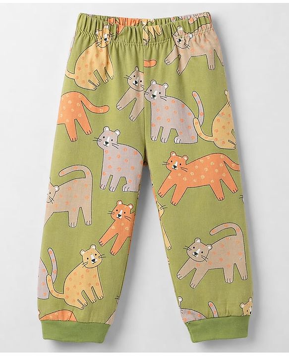 Babyhug Cotton Knit Full Sleeves Co-Ords Pyjama Night Suit with Cat Print -  Green
