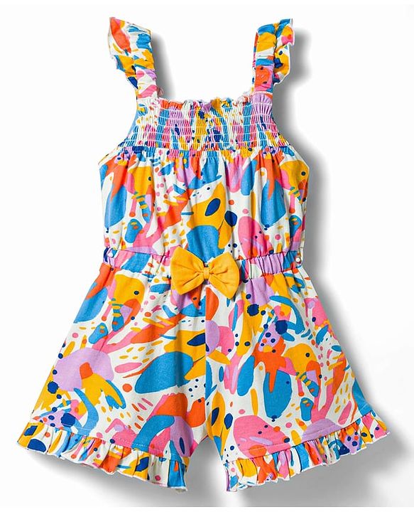 Babyhug Single Jersey Knit Sleeveless Abstract Printed Jumpsuit With Bow Applique - Multicolor