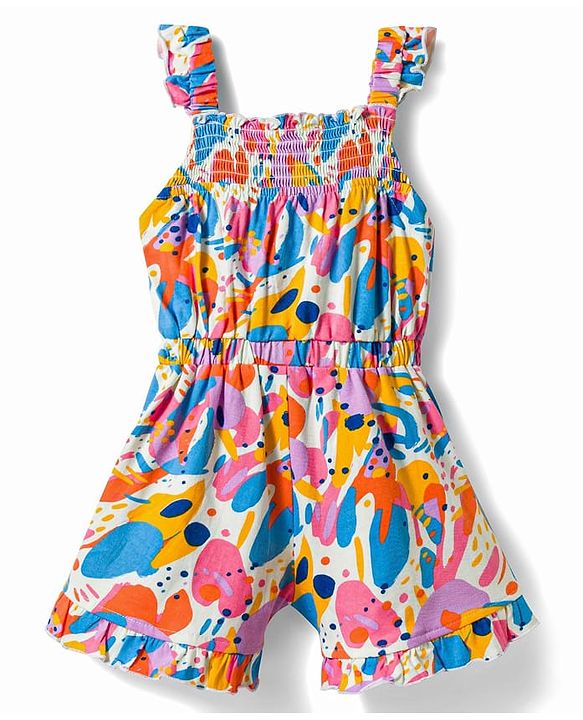 Babyhug Single Jersey Knit Sleeveless Abstract Printed Jumpsuit With Bow Applique - Multicolor
