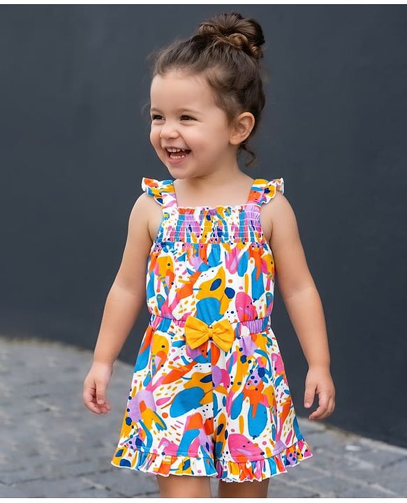 Babyhug Single Jersey Knit Sleeveless Abstract Printed Jumpsuit With Bow Applique - Multicolor
