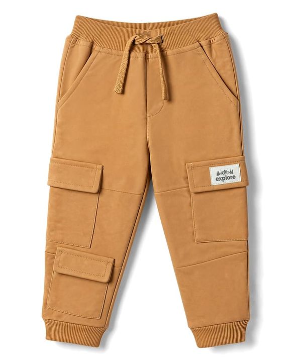 Babyhug Cotton Terry Knit Full Length Lounge Pants With Explore Text Print - Brown