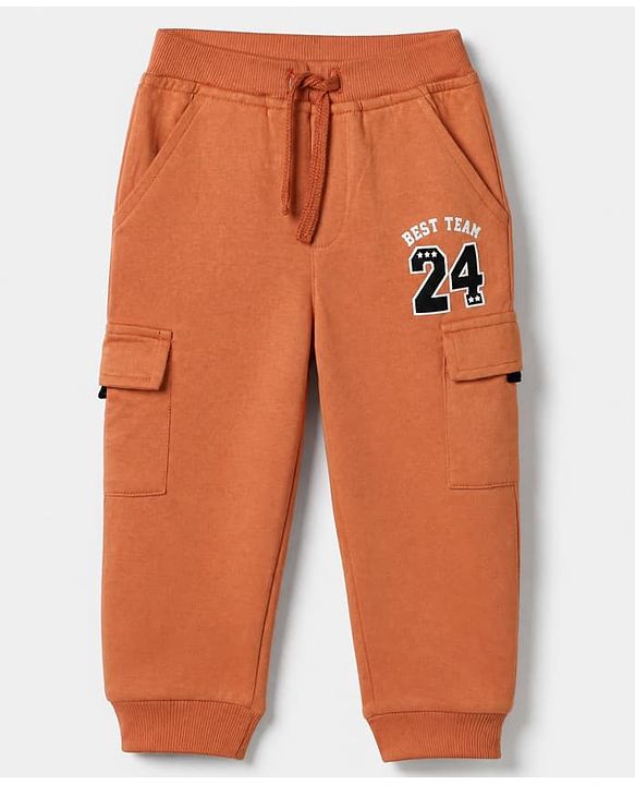 Babyhug Cotton Terry Knit Jogger Fit Full Length Lounge Pants with Best Team 24 Text Print - Rust Orange