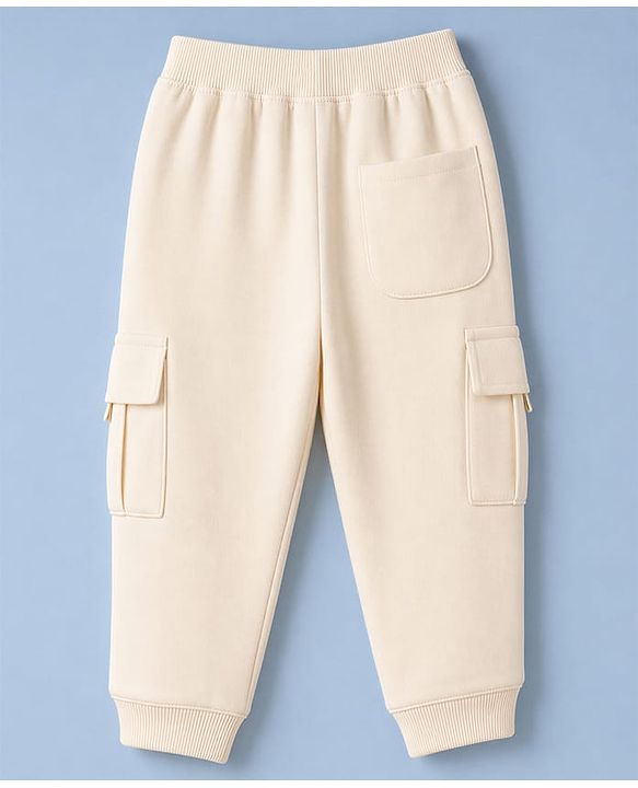 Babyhug Cotton Terry Knit Solid Lounge Pant with Cargo Pocket in Cream