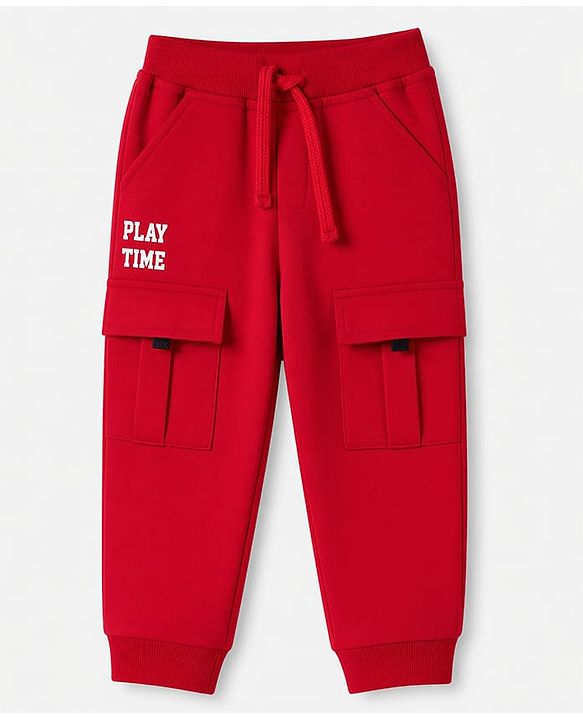 Babyhug Cotton Terry Knit Full Length Lounge Pant With Playtime Text Print - Red