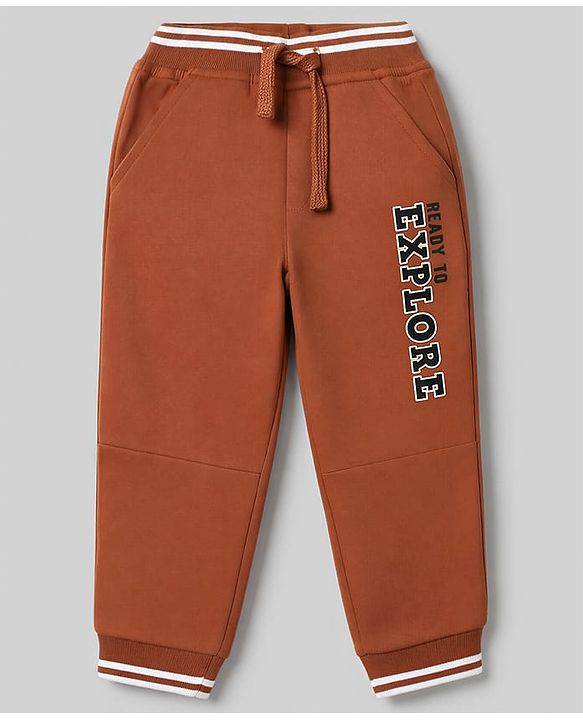 Babyhug Cotton Terry Knit Jogger Fit Full Length Lounge Pant with Ready To Explore Text Print - Rust Orange
