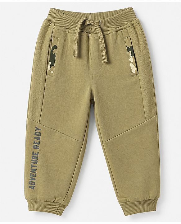 Babyhug Cotton Terry Full Length Jogger Fit Track Pant with Full Length and Adventure Ready Print in Olive Green