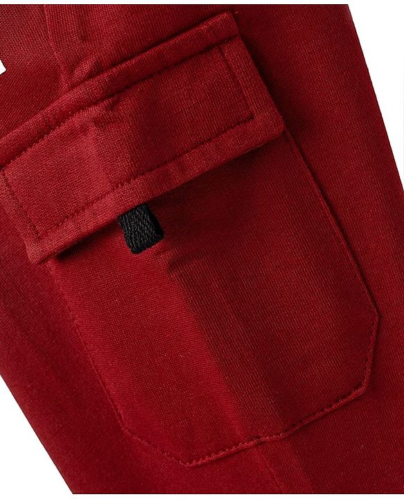 Babyhug 100% Cotton Terry Knit Full Length Lounge Pant with Text Print & Cargo Pockets - Dark Red