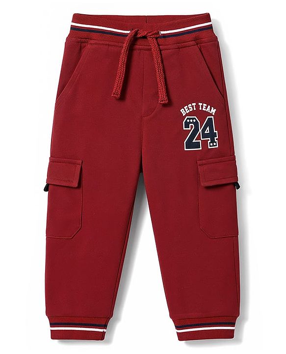Babyhug 100% Cotton Terry Knit Full Length Lounge Pant with Text Print & Cargo Pockets - Dark Red