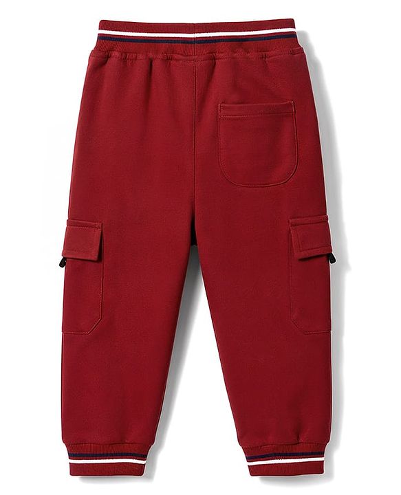 Babyhug 100% Cotton Terry Knit Full Length Lounge Pant with Text Print & Cargo Pockets - Dark Red