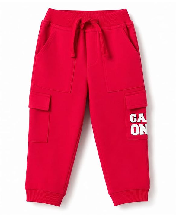 Babyhug Cotton Terry Knit Full Length Lounge Pant With Game On Text Print - Red